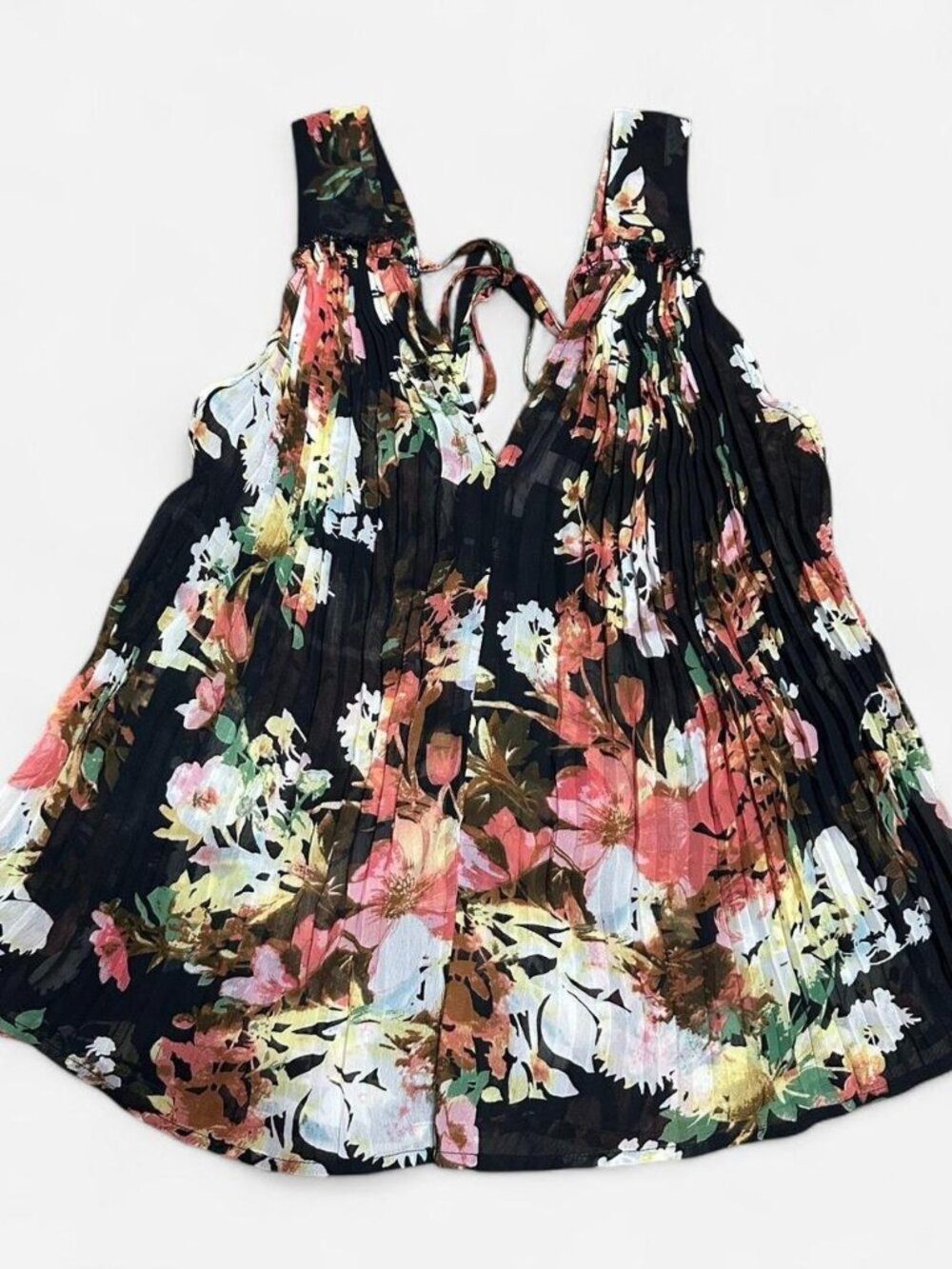 Forever 21 Black floral print loose tank top with tie in the back
